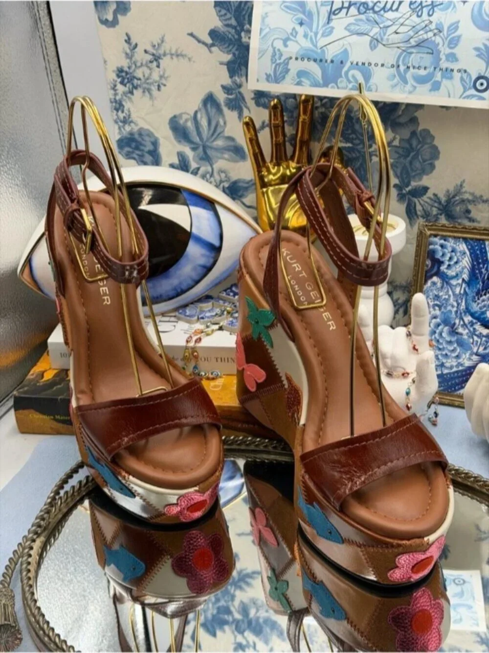 🆕 KURT GEIGER LONDON 🧿 NWOB Patchwork Platform Wedge Heel, Brown - Sz 37 US 7